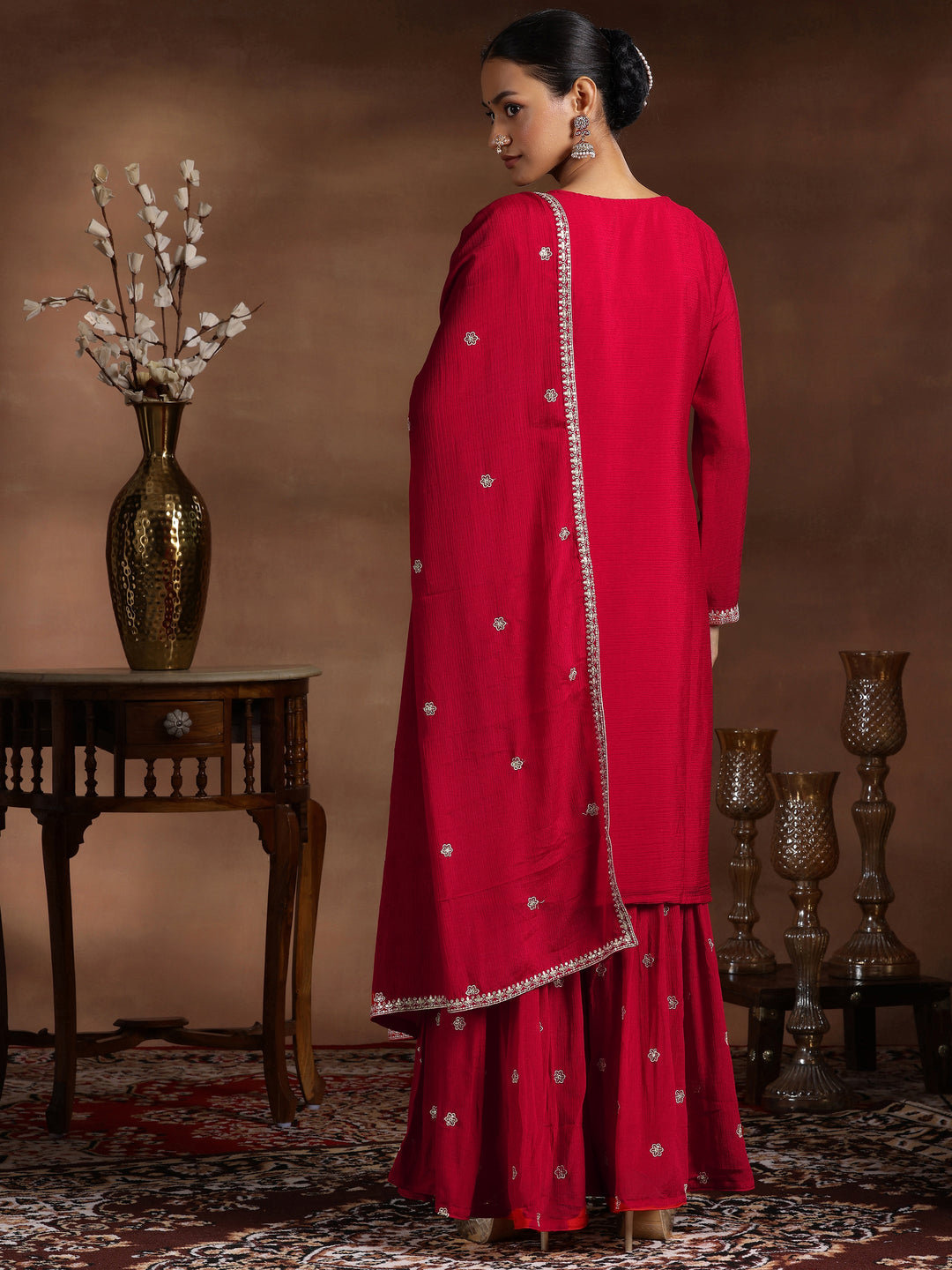 Red Embroidered Silk Blend Straight Suit With Dupatta