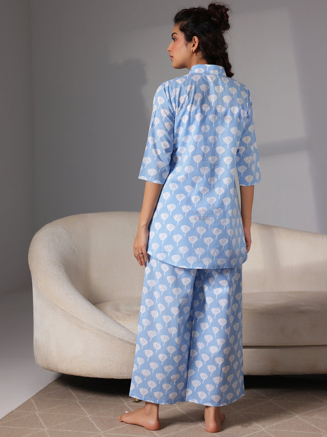 Blue Printed Cotton Night Suits