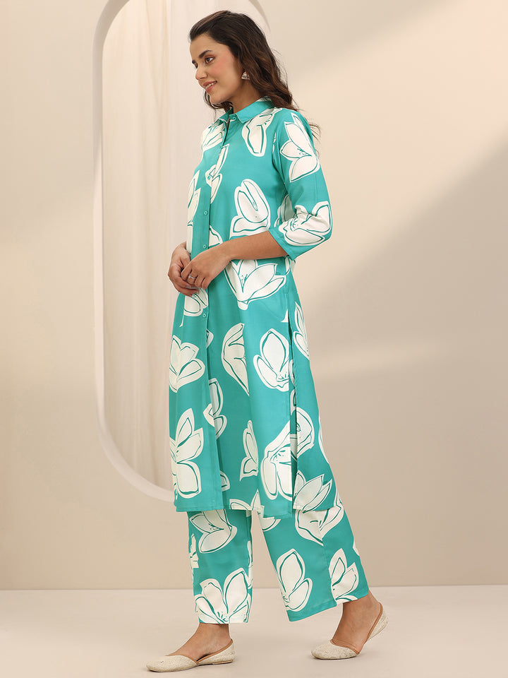 Blue Printed Cotton Blend Straight Kurta Set