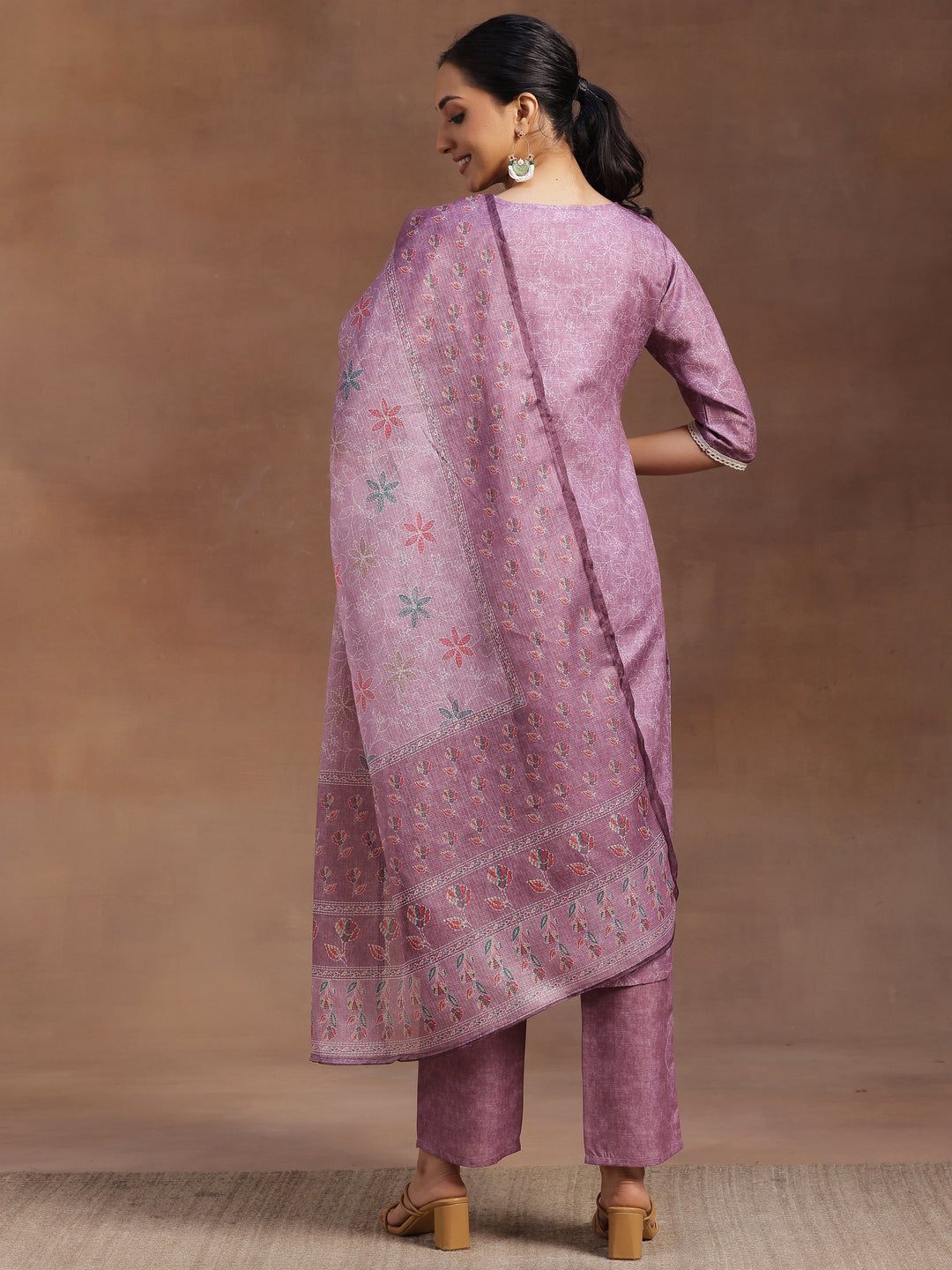 Mauve Yoke Design Cotton Straight Suit With Dupatta