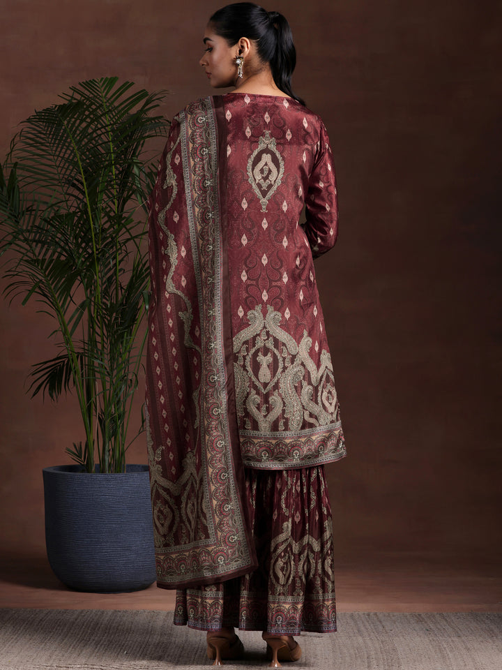 Brown Printed Silk Blend Straight Suit With Dupatta