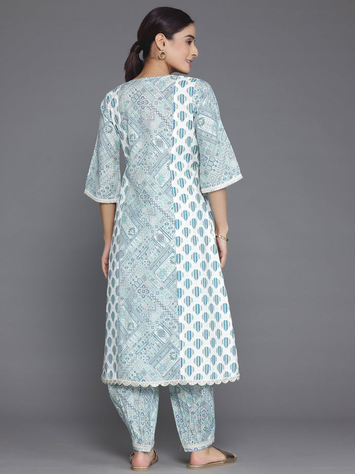 Blue Printed Silk Blend A-Line Kurta With Salwar