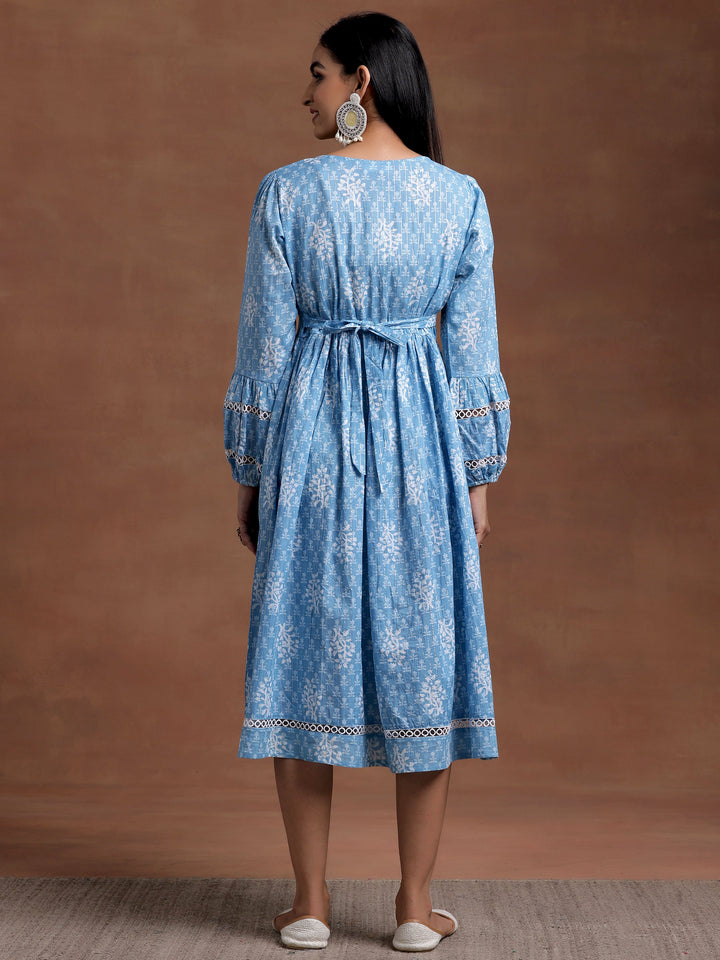 Blue Printed Cotton Fit and Flare Dress