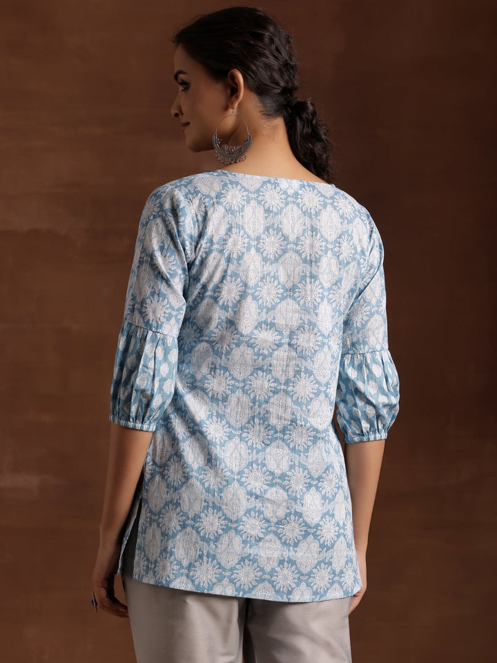 Blue Printed Cotton Straight Kurti