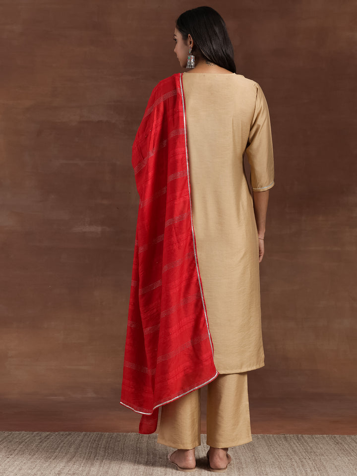 Beige Yoke Design Silk Blend Straight Kurta With Trousers & Dupatta