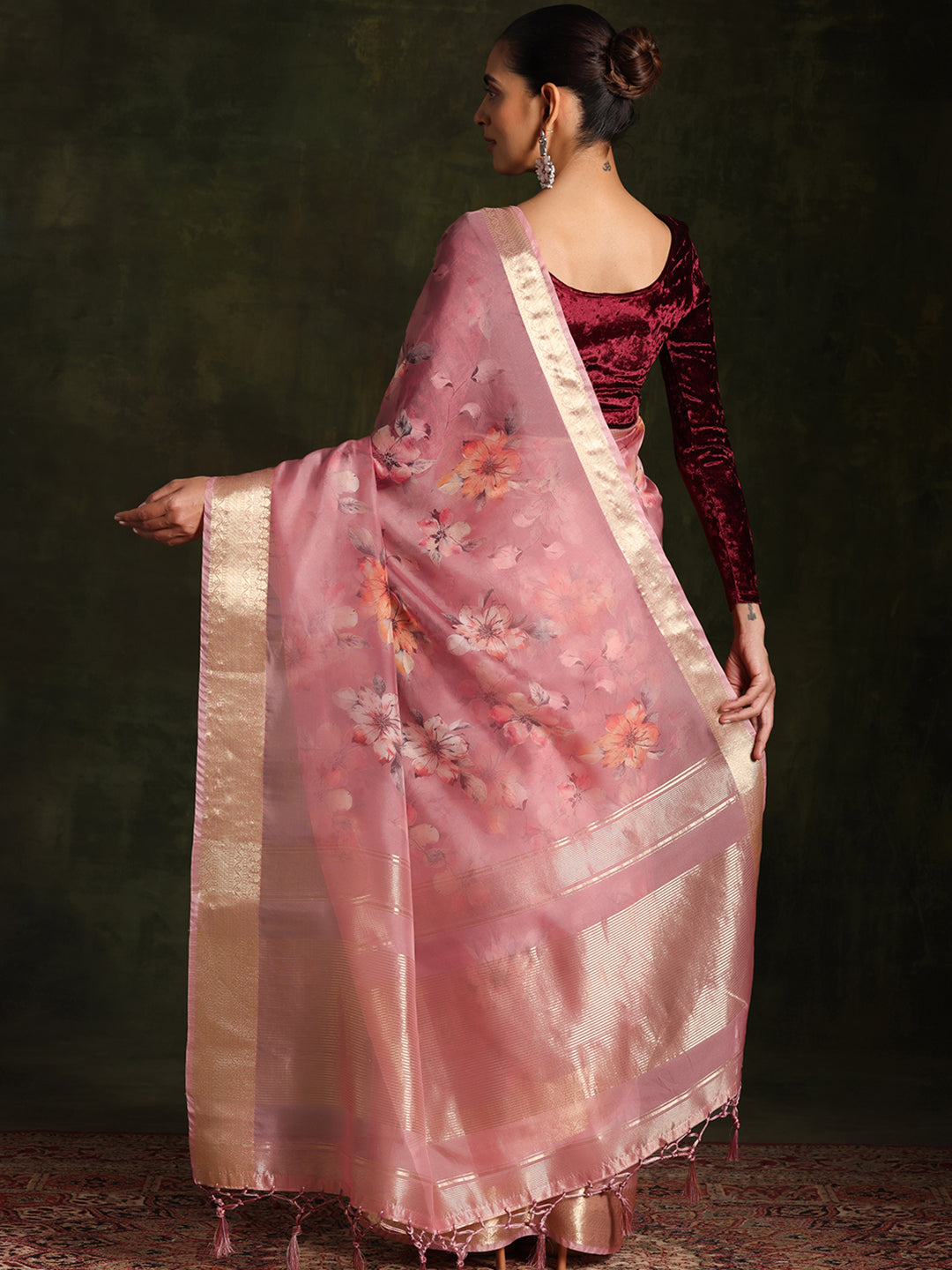 Mauve Printed Organza Saree With Unstitched Blouse Piece