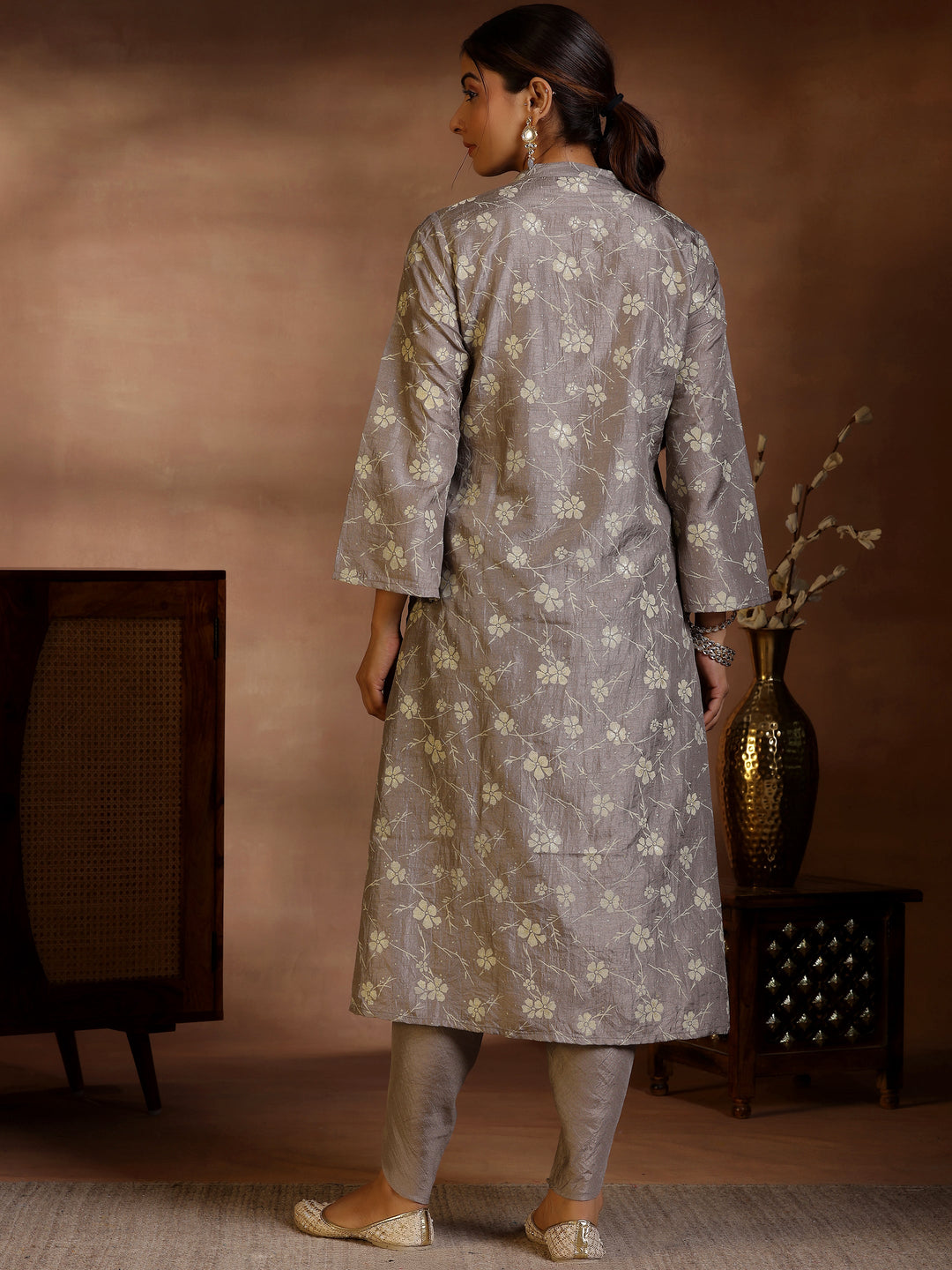 Grey Printed Silk Blend Straight Kurta Set