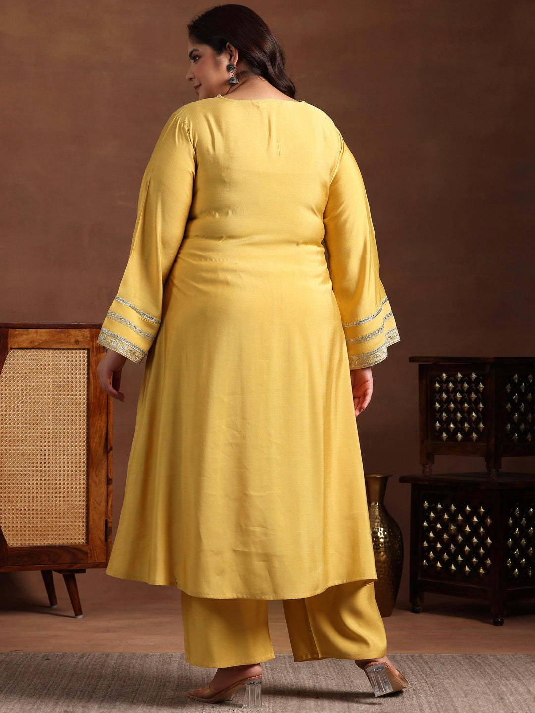 Plus Size Yellow Yoke Design Silk Blend A-Line Kurta With Trousers