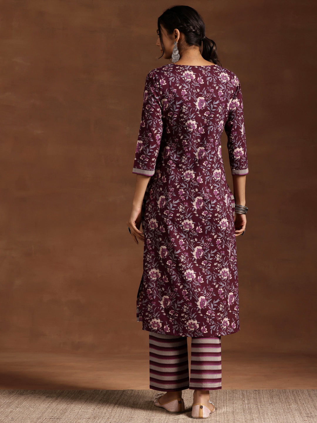 Wine Printed Cotton Straight Kurta Set