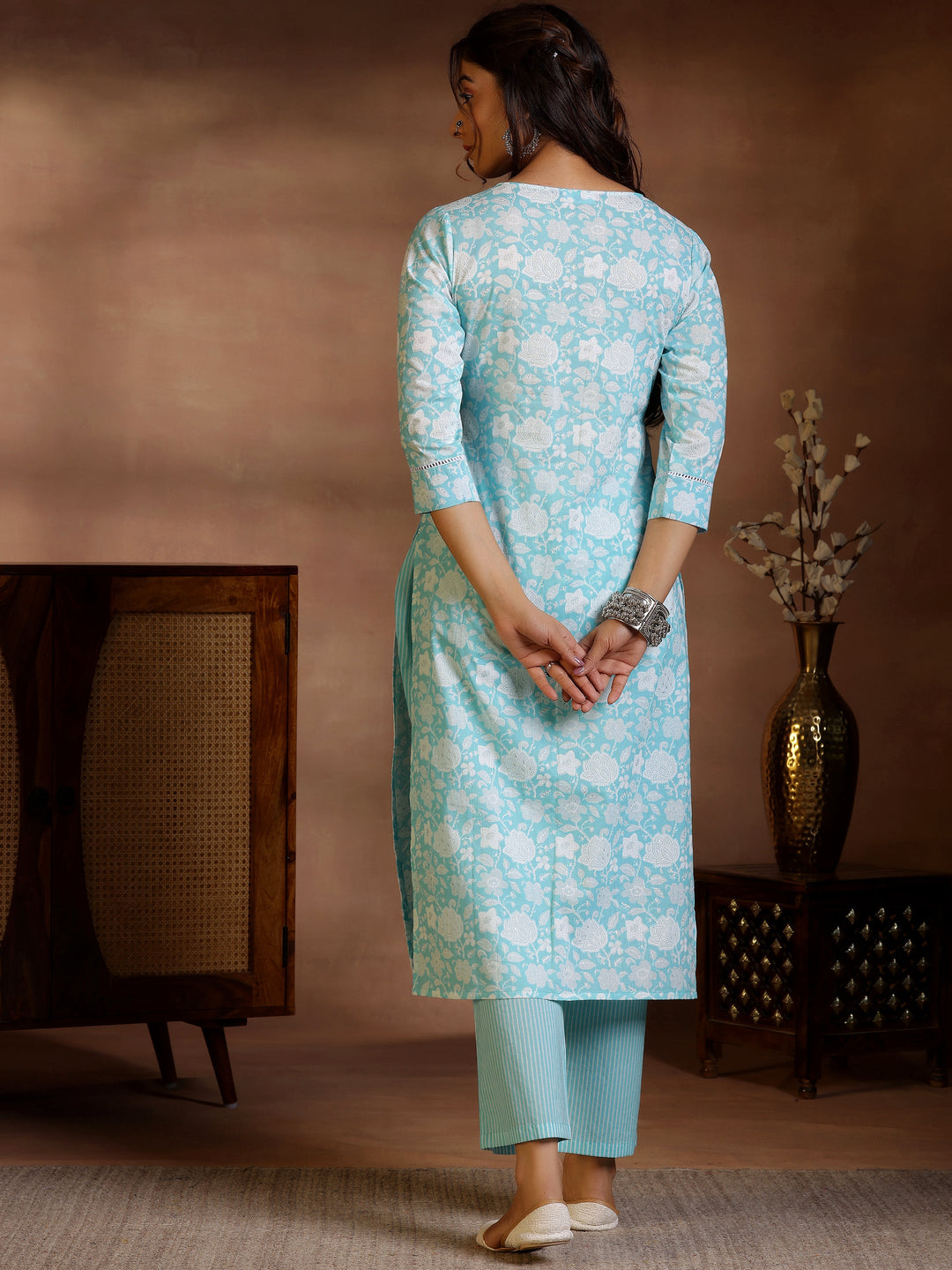 Blue Printed Cotton Straight Kurta Set