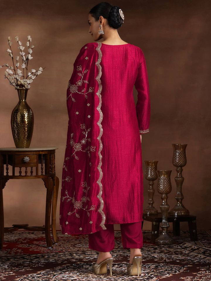 Red Embroidered Silk Blend Straight Suit With Dupatta