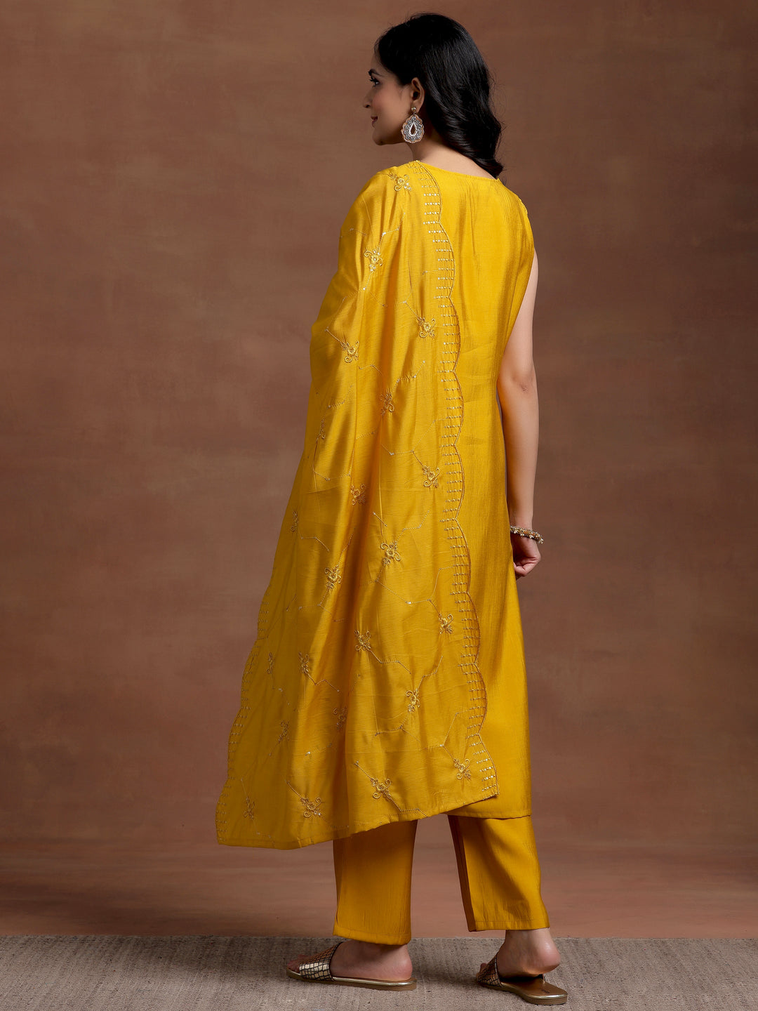 Mustard Solid Silk Blend Straight Suit With Dupatta