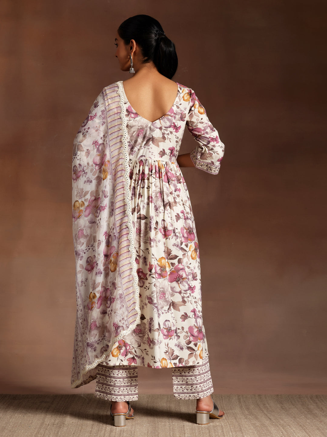 Off White Printed Silk Blend A-Line Kurta With Palazzos & Dupatta