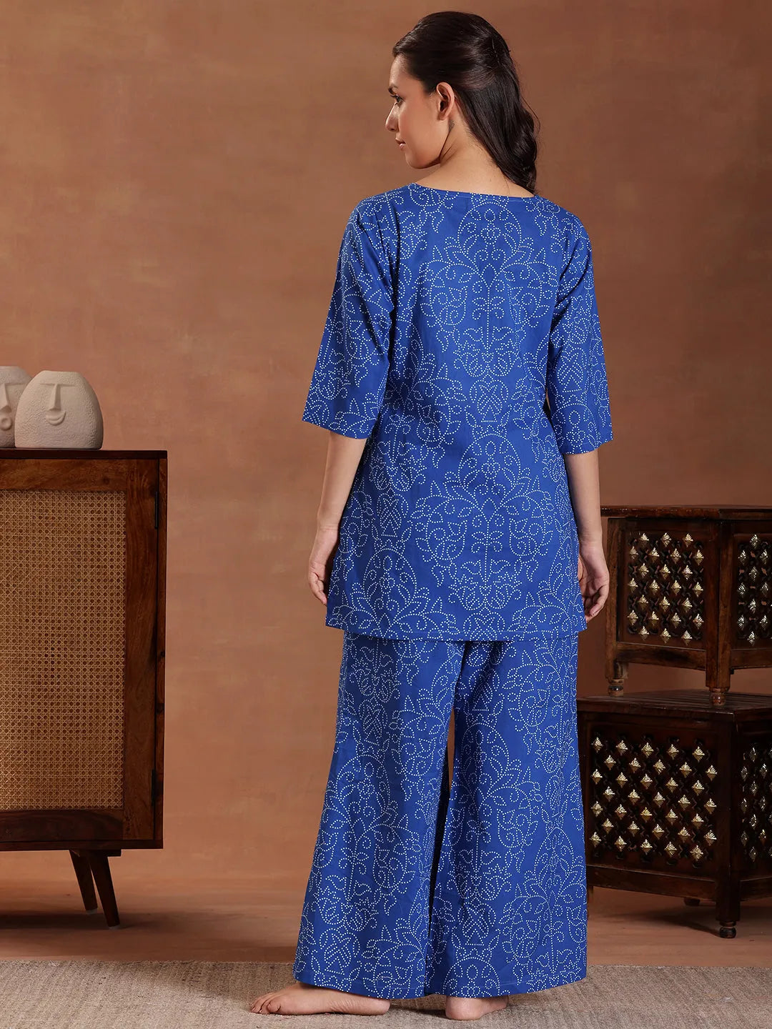 Blue Printed Cotton Night Suit