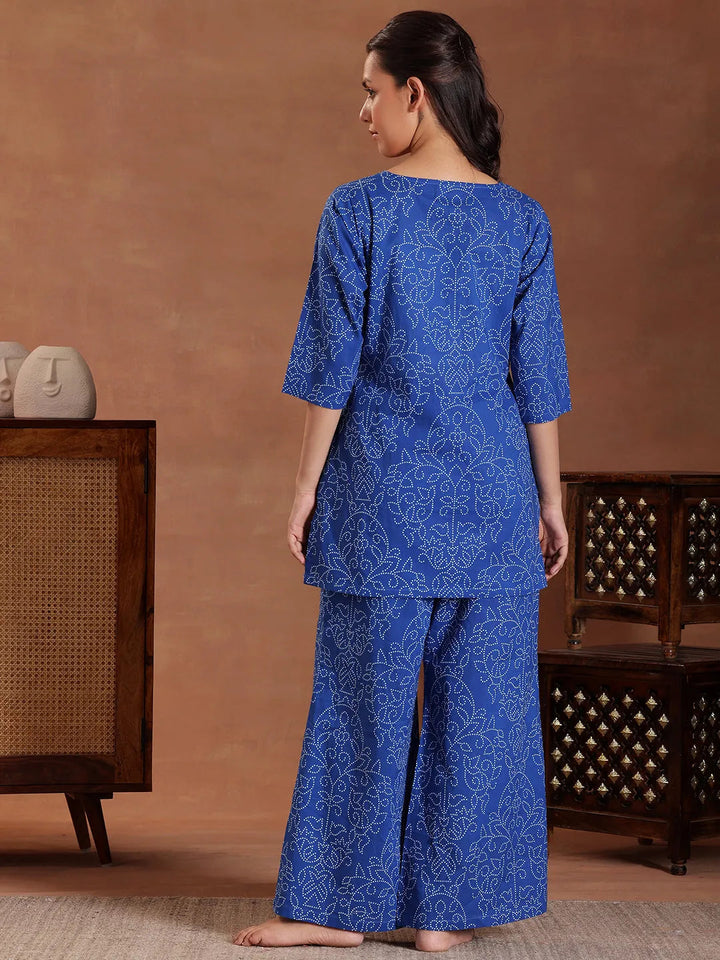 Blue Printed Cotton Night Suit