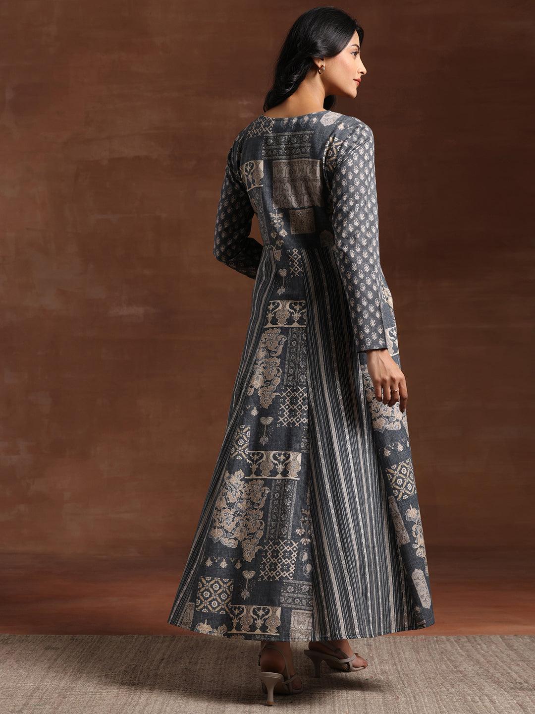 Grey Printed Cotton Blend A-Line Dress