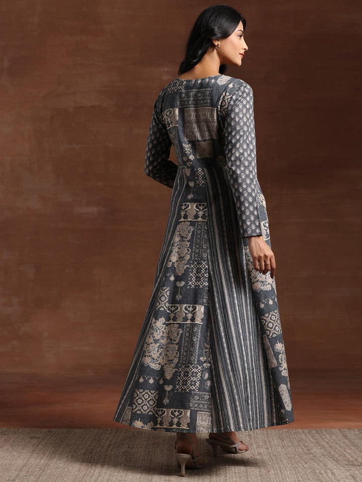 Grey Printed Cotton Blend A-Line Dress