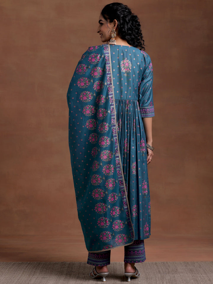 Blue Printed Silk Blend A-Line Kurta With Palazzos & Dupatta