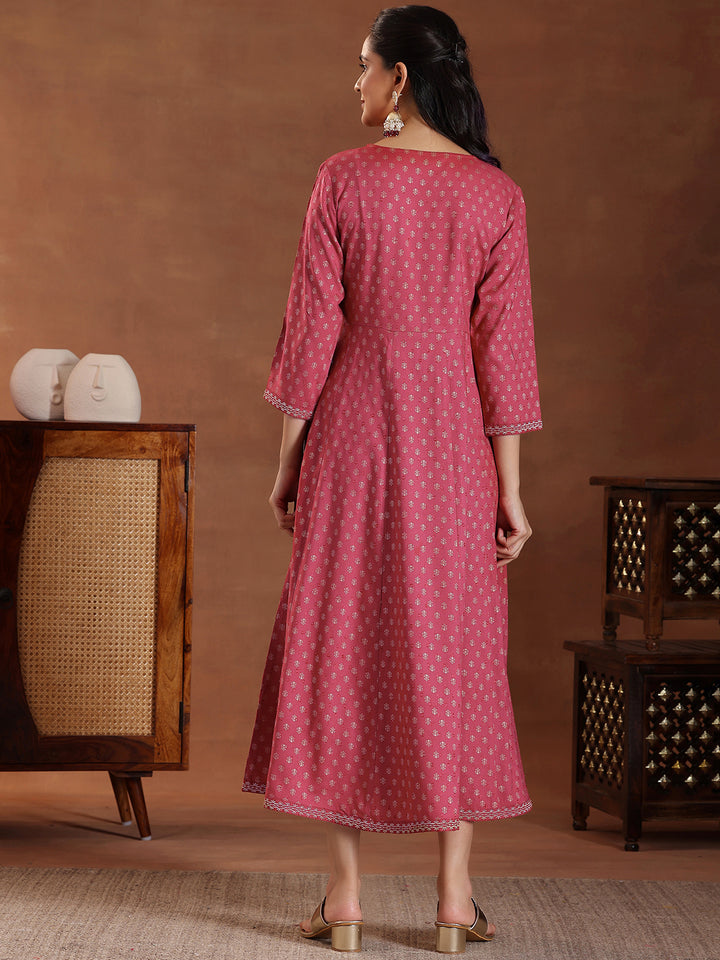 Pink Printed Cotton A-Line Dress