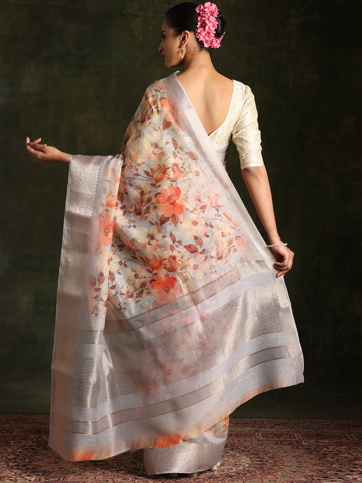 Grey Printed Silk Blend Saree With Unstitched Blouse Piece