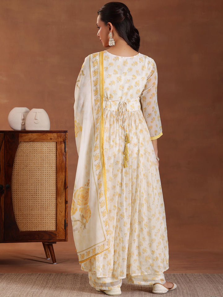 Off white Printed Poly Chiffon A-Line Kurta With Trousers & Dupatta