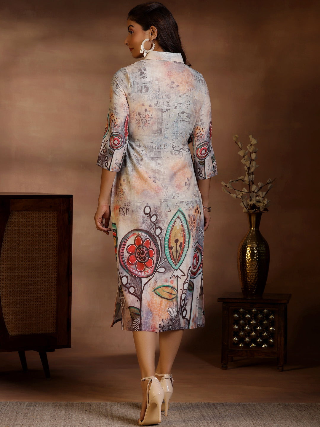 Off White Printed Cotton Blend A-Line Dress