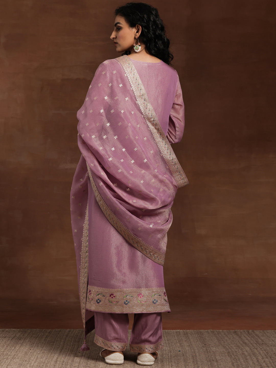 Mauve Woven Design Silk Blend Straight Kurta With Trousers & Dupatta