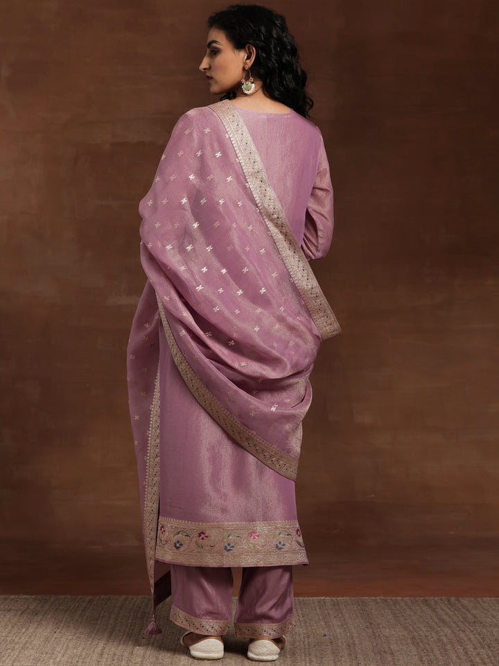 Mauve Woven Design Silk Blend Straight Kurta With Trousers & Dupatta