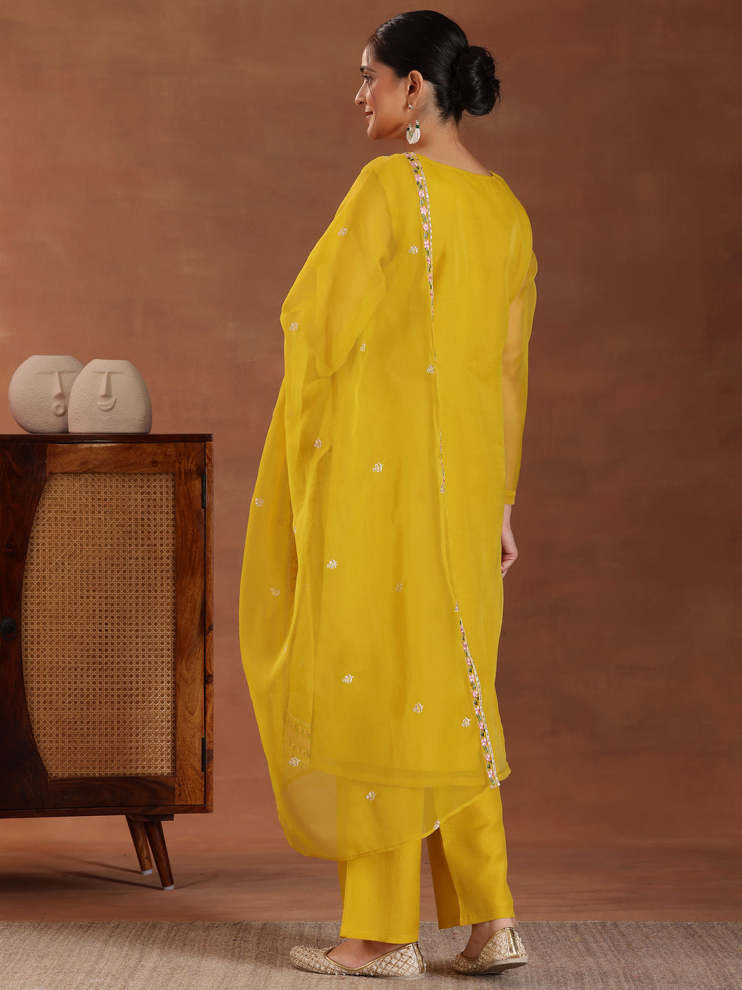 Mustard Embroidered Organza Straight Suit With Dupatta