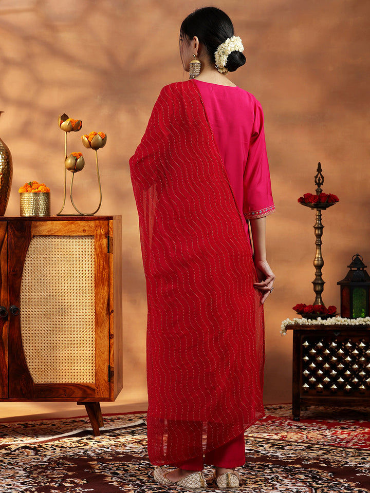 Pink Embroidered Silk Blend Straight Suit With Dupatta