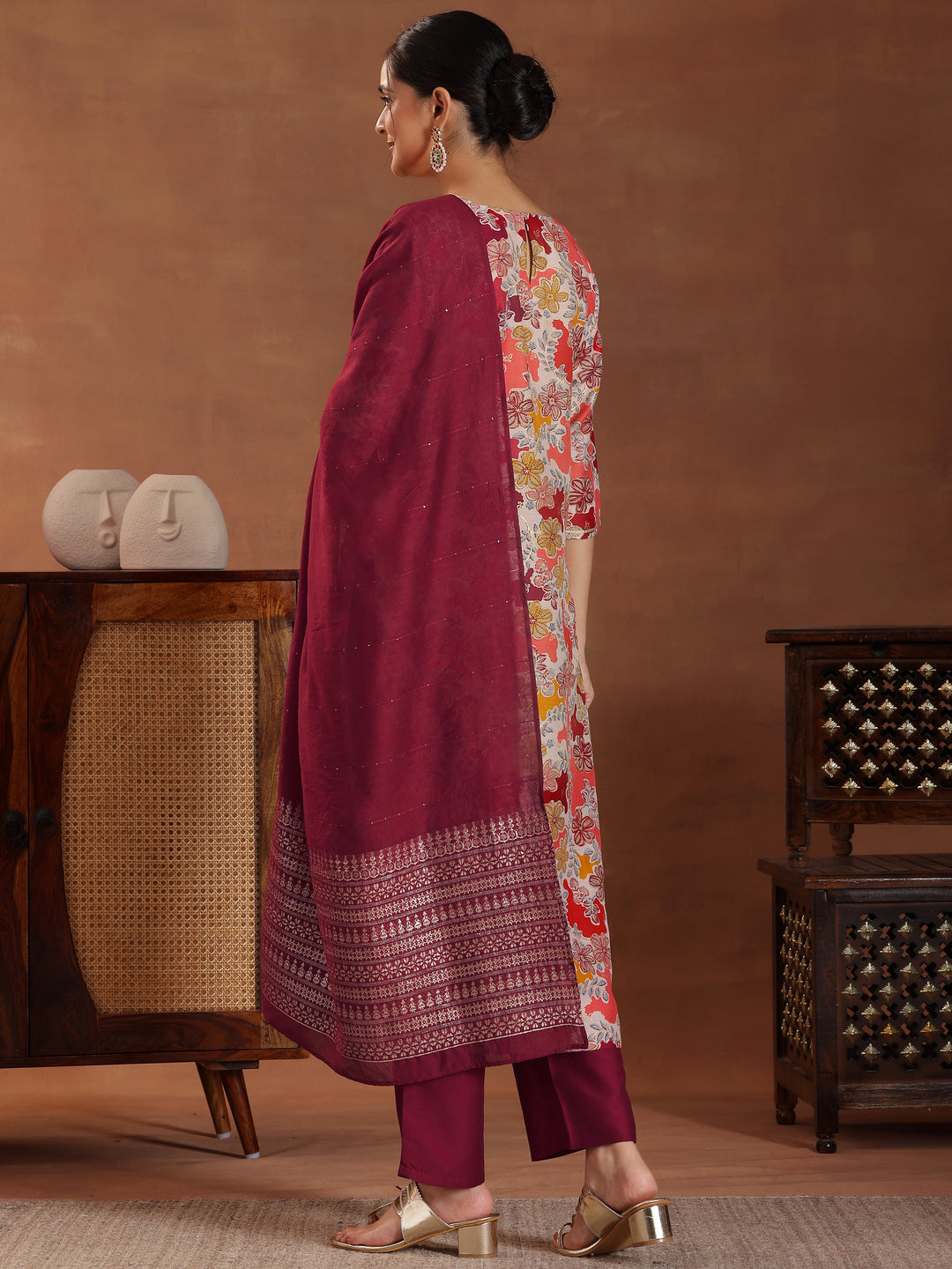 Red Printed Silk Blend Straight Suit With Dupatta