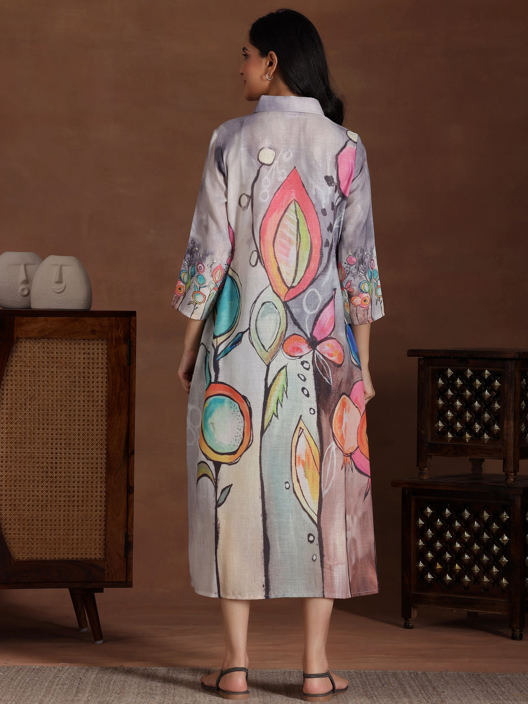 Grey Printed Cotton Blend Shirt Dress