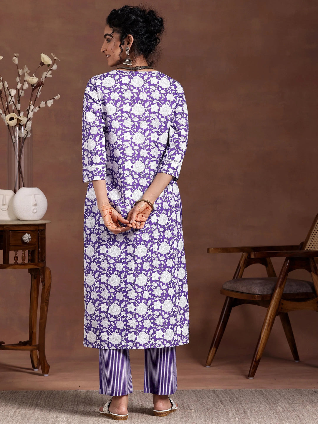 Purple Printed Cotton Straight Kurta Set