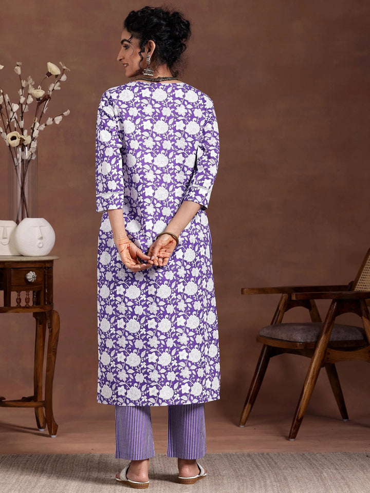 Purple Printed Cotton Straight Kurta Set