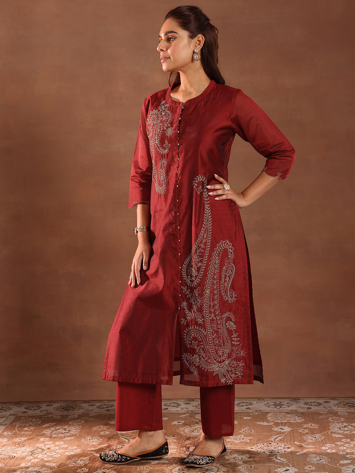 Maroon Embroidered Chanderi Silk Straight Suit With Dupatta