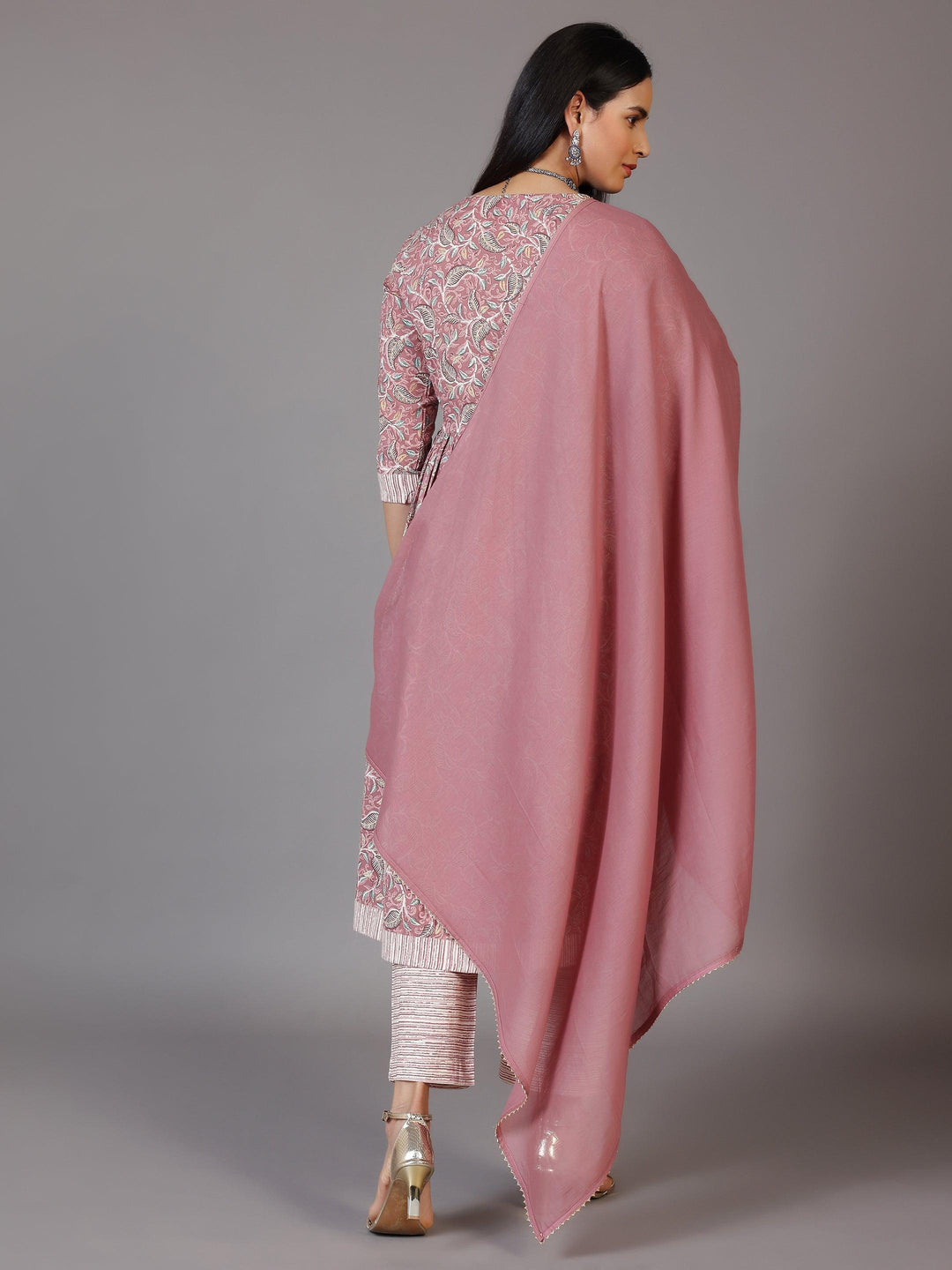 Pink Printed Cotton Anarkali Suit With Dupatta