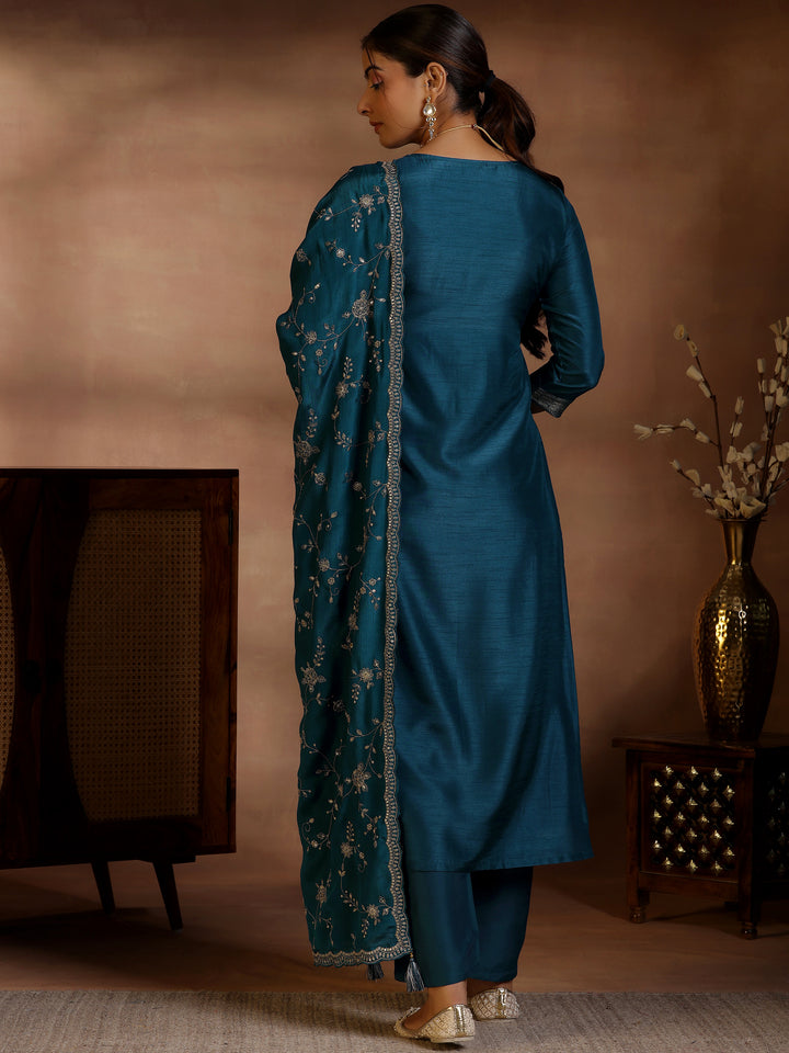 Teal Woven Design Silk Blend Straight Suit With Dupatta
