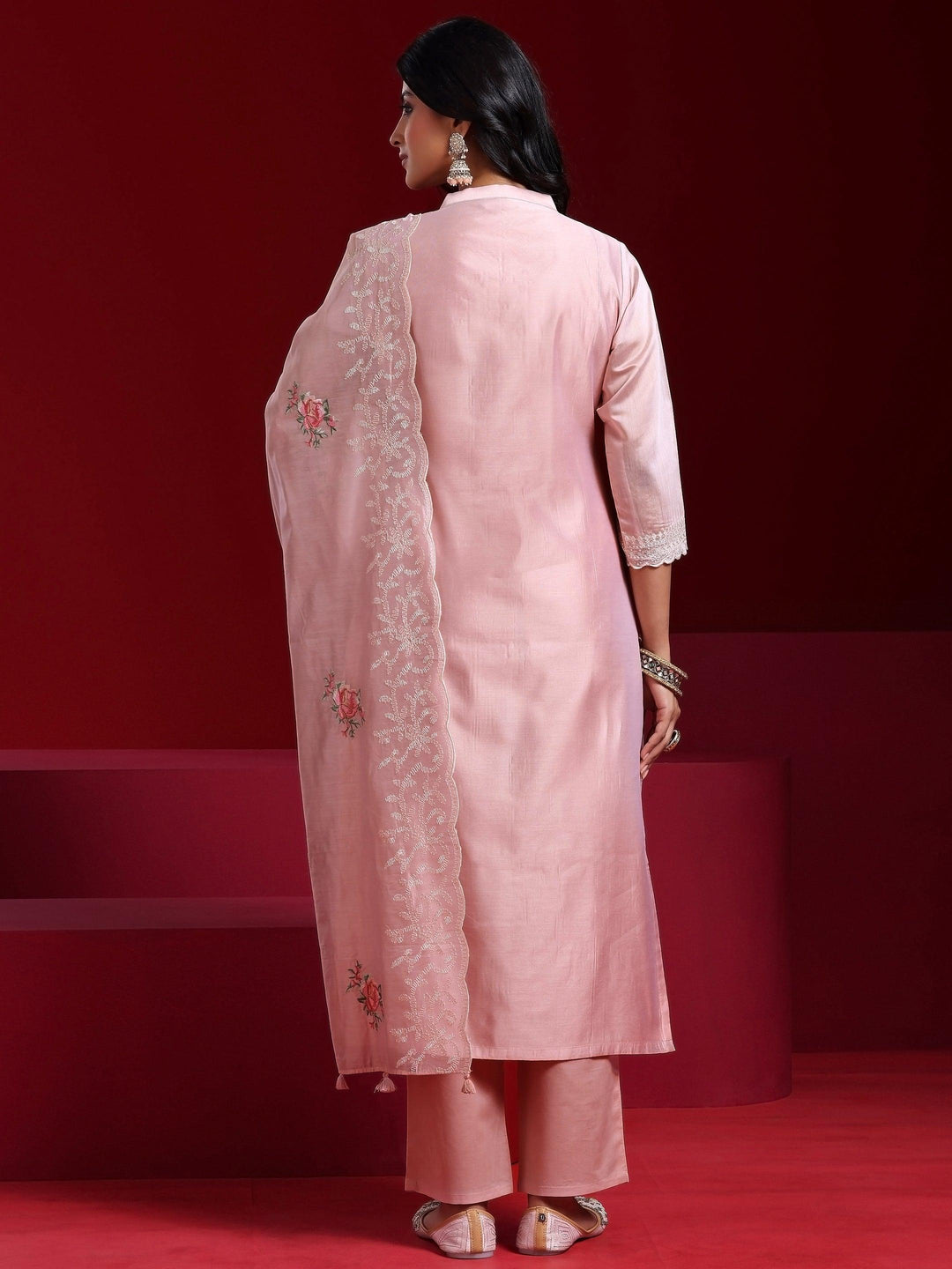 Libas Art Pink Embroidered Chanderi Silk Straight Suit With Dupatta