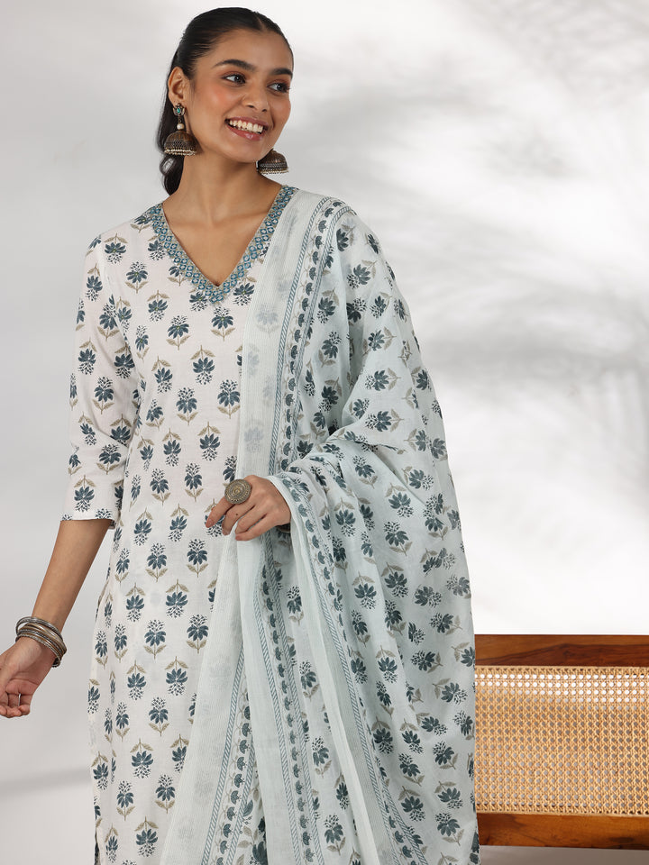 White Printed Cotton Straight Suit With Dupatta