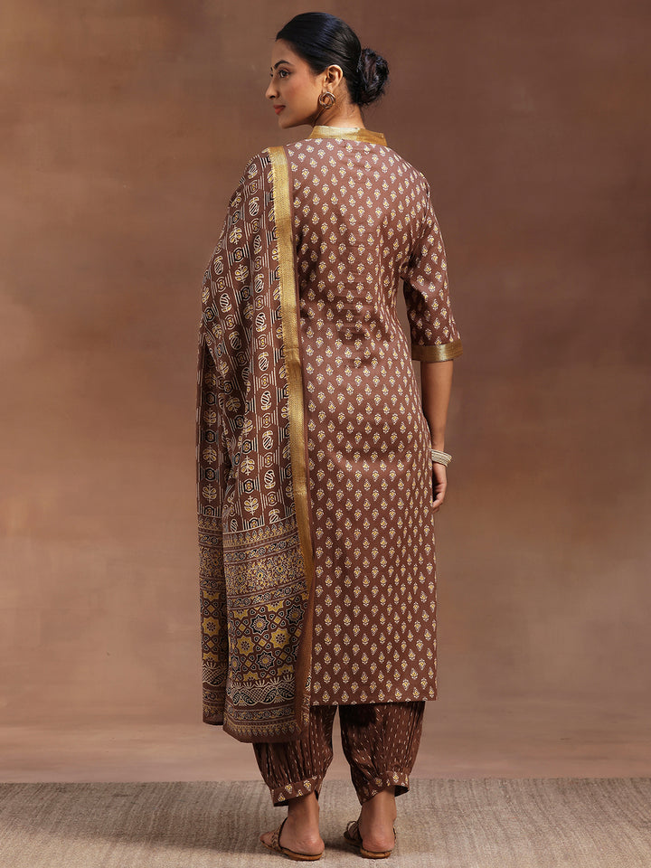 Brown Printed Cotton Straight Suit With Dupatta