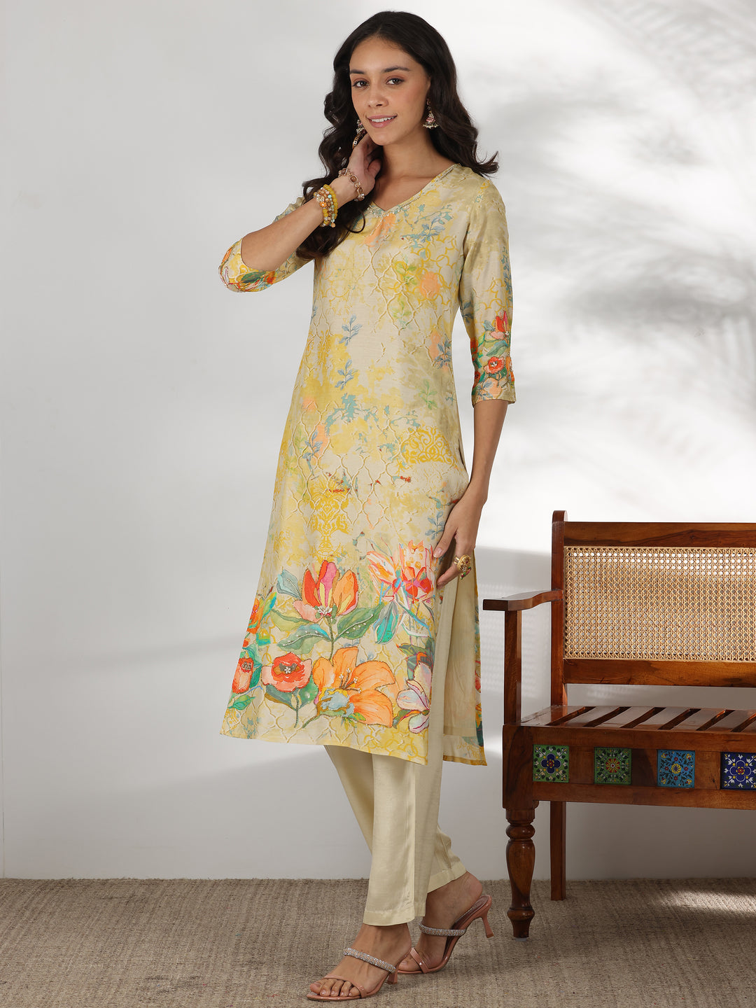 Beige Printed Muslin Straight Suit With Dupatta