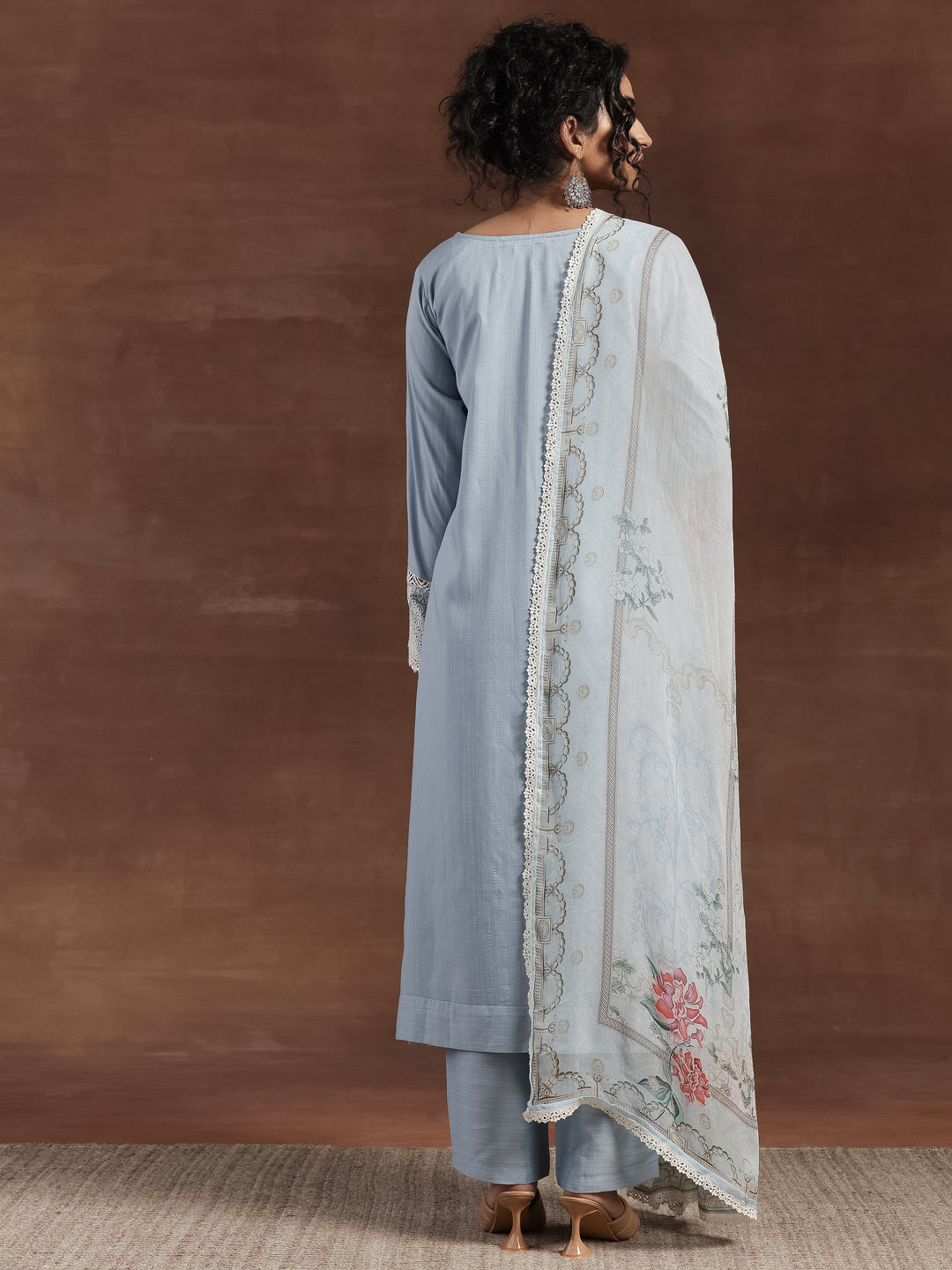 Blue Embroidered Silk Blend Straight Suit With Dupatta