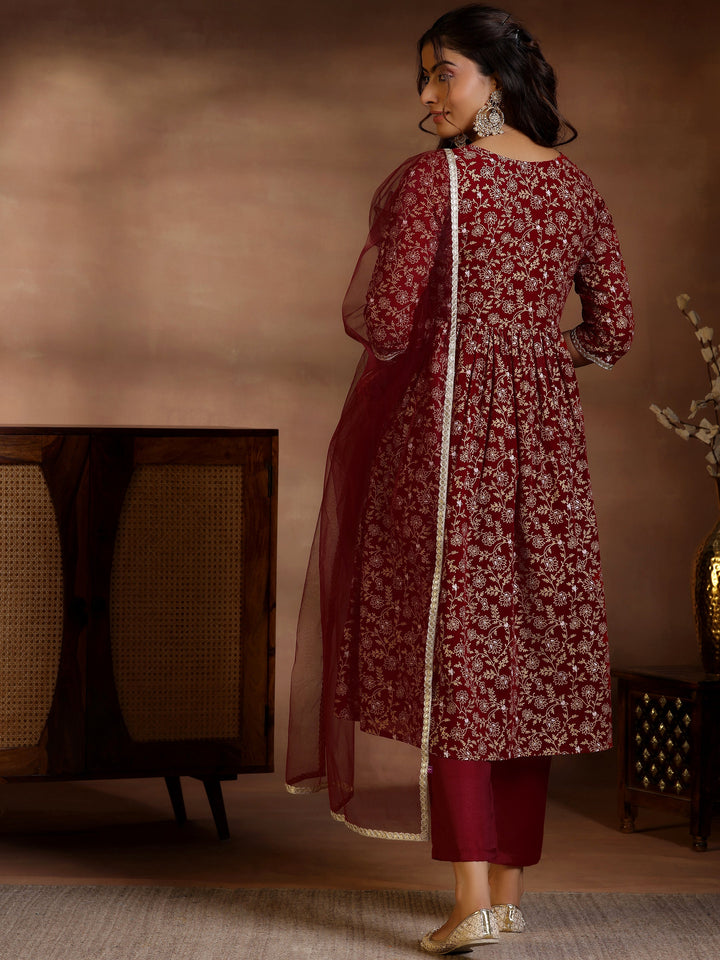 Maroon Printed Georgette A-Line Kurta With Trousers & Dupatta