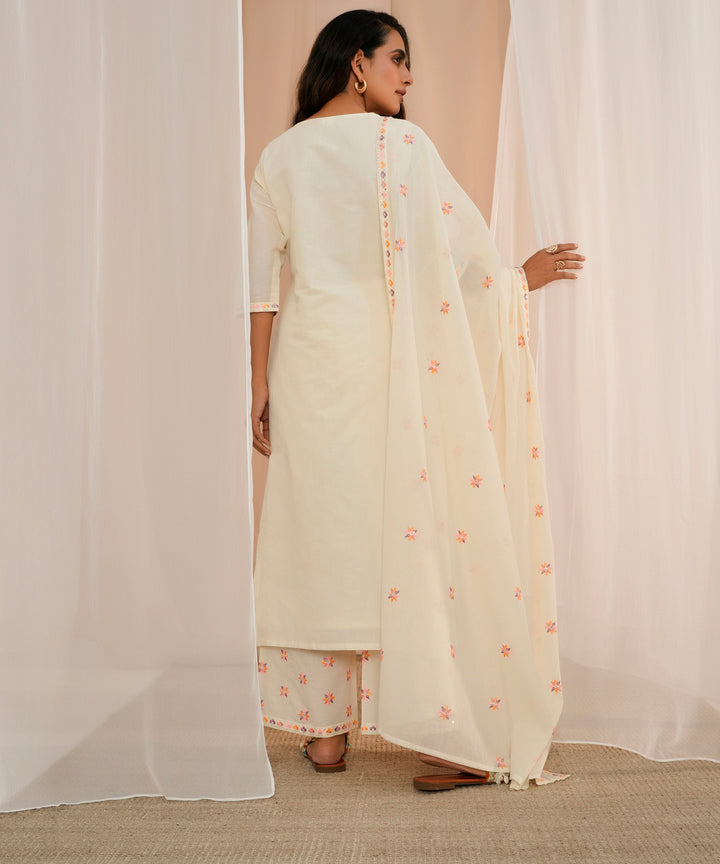 Off White Embroidered Cotton Straight Suit With Dupatta