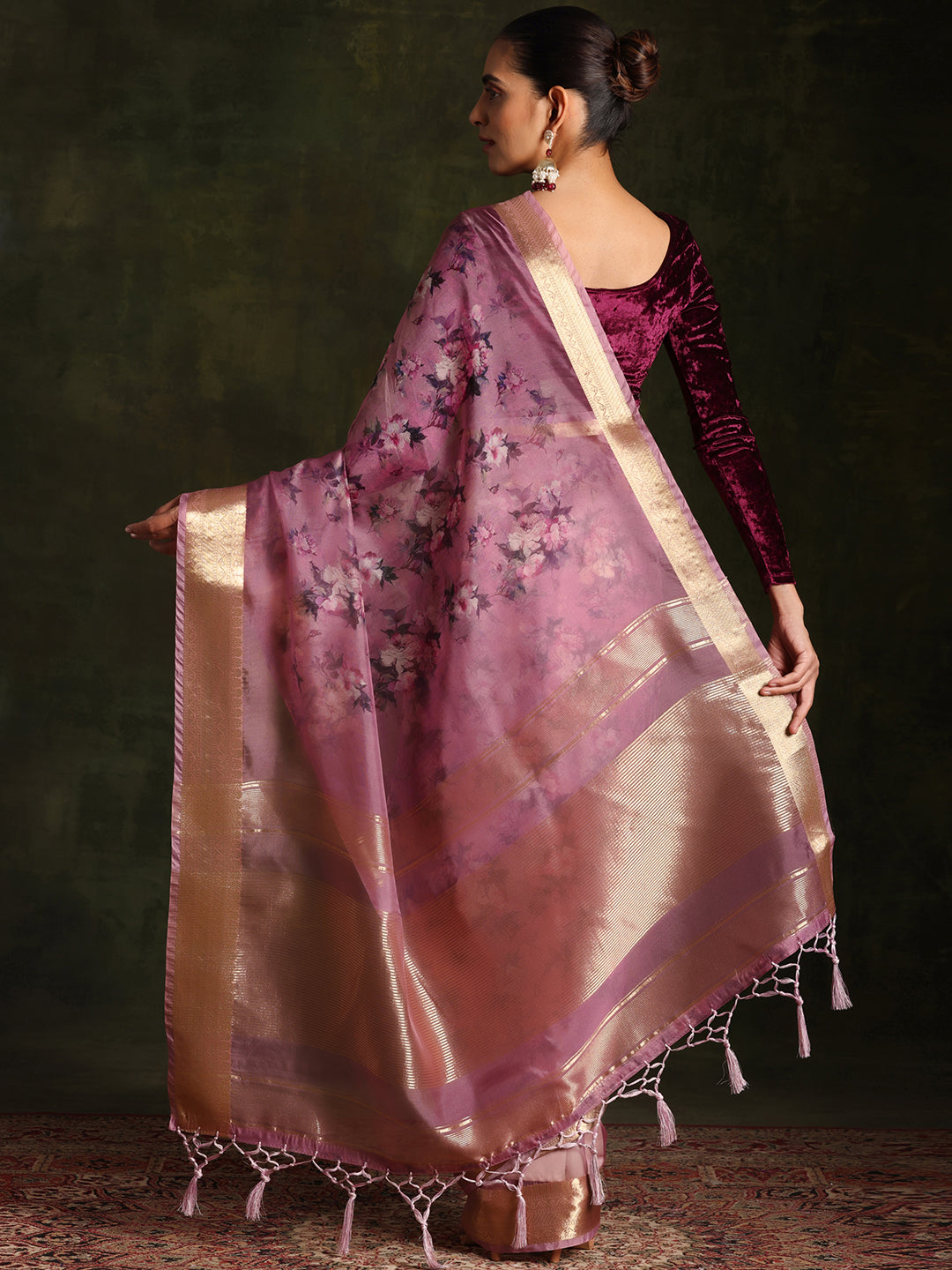 Purple Printed Organza Saree With Unstitched Blouse Piece