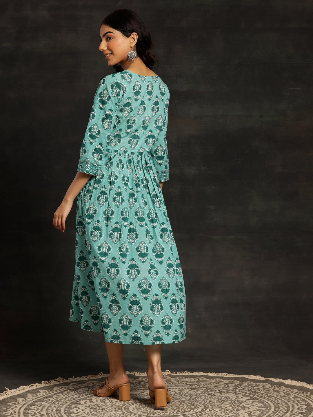 Sea Green Printed Cotton Fit and Flare Dress - ShopLibas