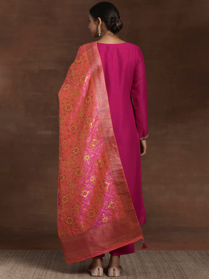 Pink Embroidered Silk Blend Straight Suit With Dupatta
