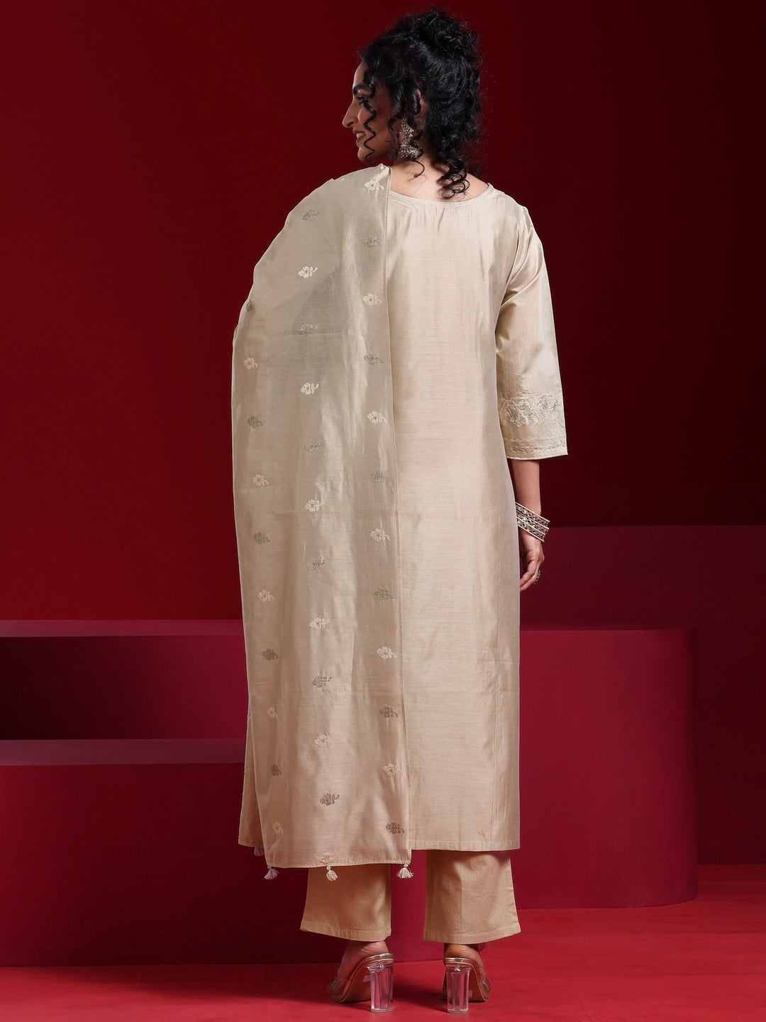 Libas Art Grey Embroidered Chanderi Silk Straight Suit With Dupatta