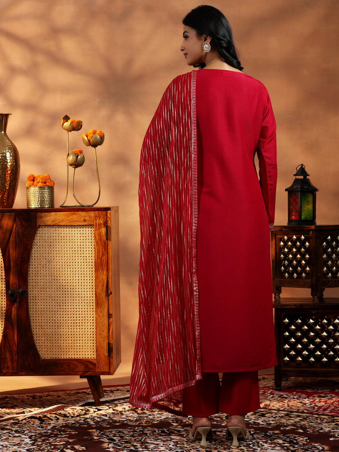 Red Embroidered Silk Blend Straight Suit With Dupatta