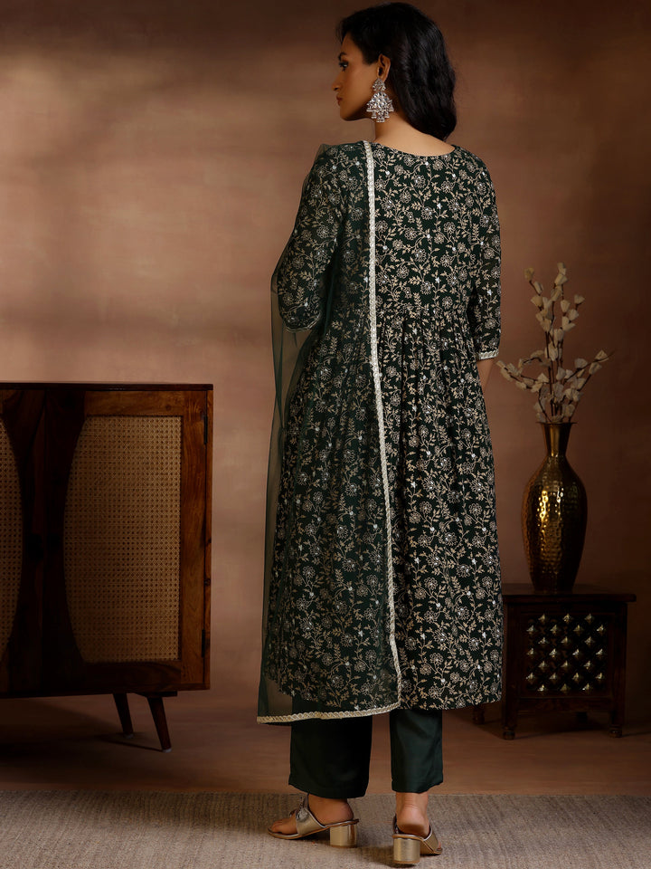 Green Printed Georgette A-Line Kurta With Trousers & Dupatta